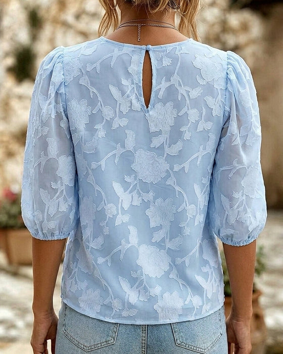 Rundhals-Bluse Mit Puffärmeln
