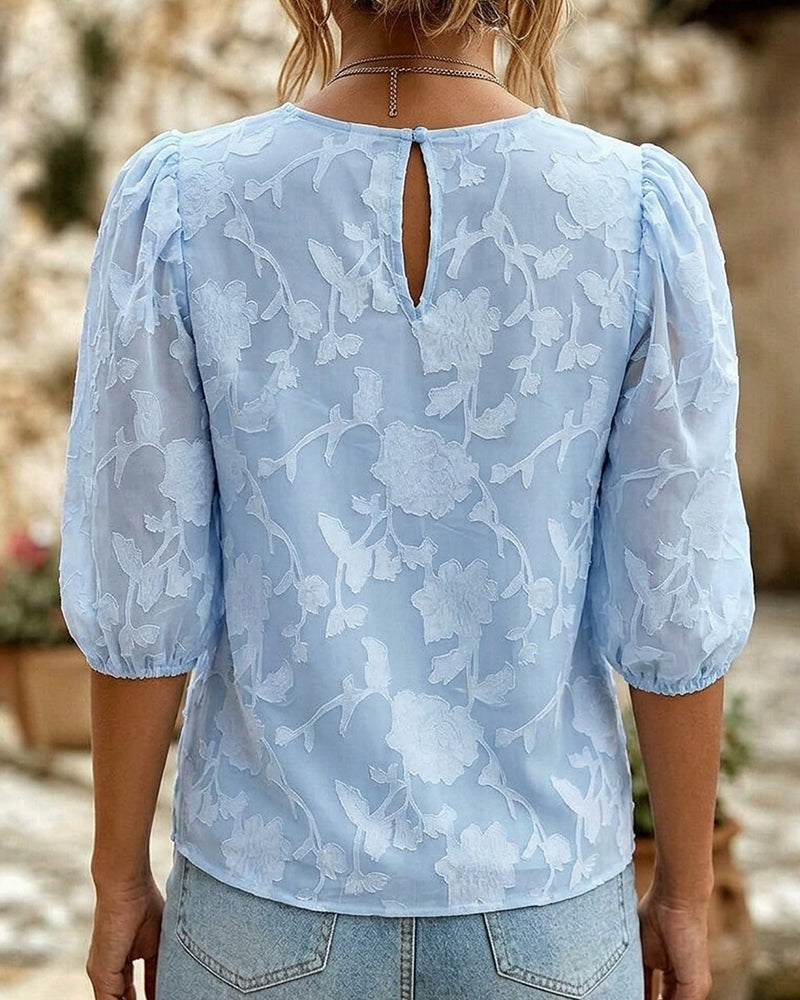 Rundhals-Bluse Mit Puffärmeln