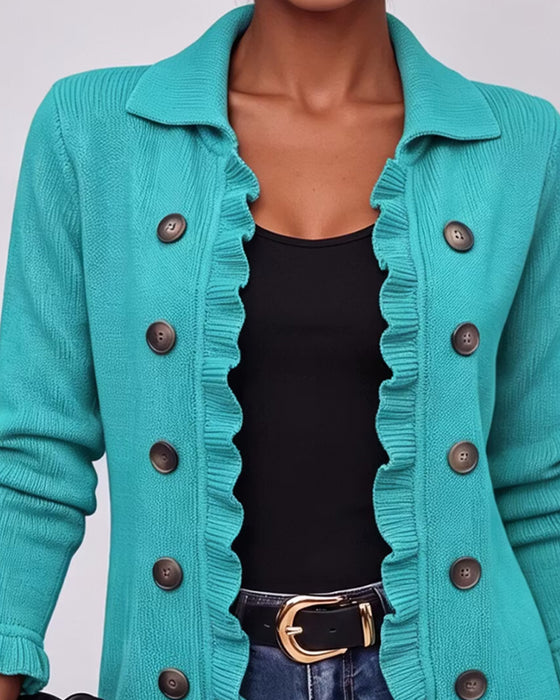 Cardigan Revers Rüsche Knopf