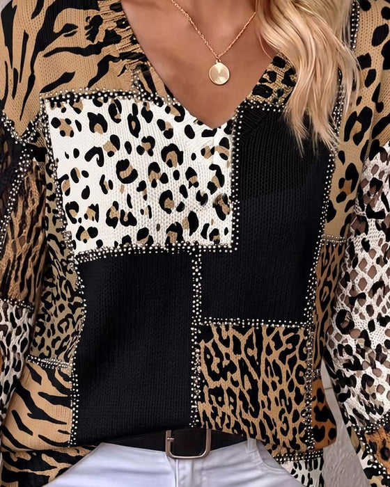 Pullover V-Ausschnitt Leopard Langarm
