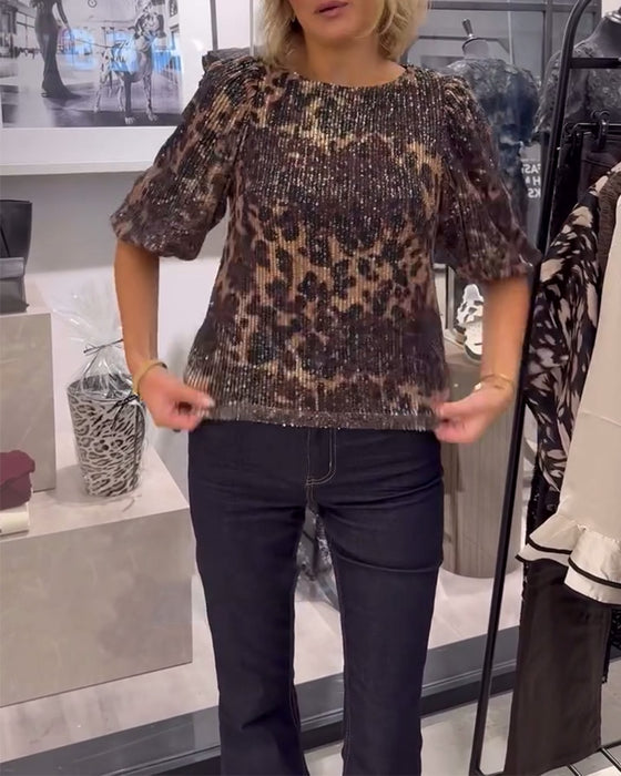 Bluse mit Laternenärmeln Pailletten Leopardenmuster