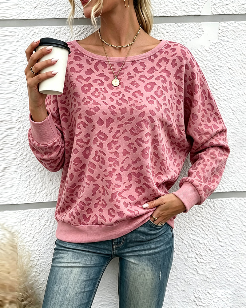 Pullover Sweatshirt Leopard Rundhalsausschnitt Drop Schulter