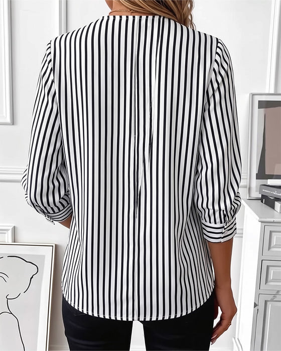 Bluse Gestreift Patchwork Reißverschluss Hoch