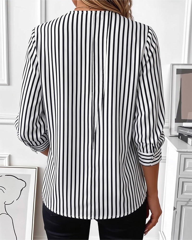 Bluse Gestreift Patchwork Reißverschluss Hoch