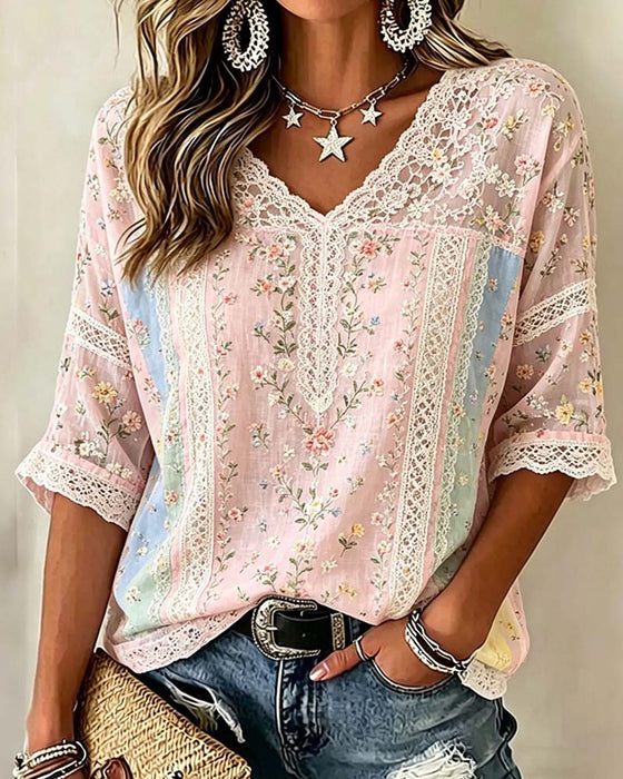 Bluse V-Ausschnitt Spitze Patchwork Kontrast Blumig