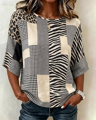 Bluse Rundhalsausschnitt Patchwork Karo Leopard