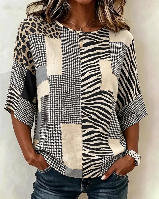 Bluse Rundhalsausschnitt Patchwork Karo Leopard