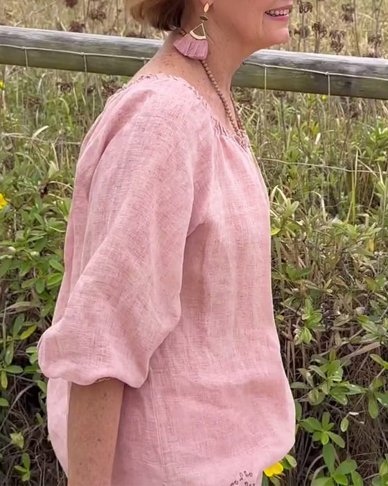 Bluse Laternenärmel Baumwolle und Leinen Unifarben