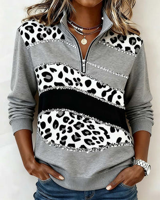 Sweatshirt Leopardenprint Schimmernd Mit Halbreißverschluss Kragen