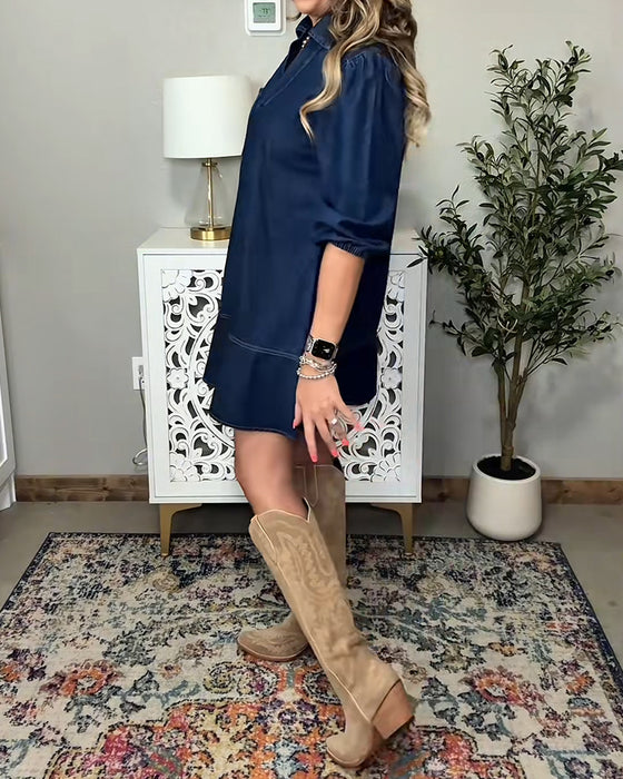 Jeanskleid Mit Kragen Und Laternenärmeln