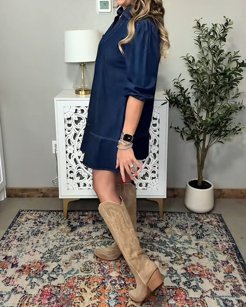 Jeanskleid Mit Kragen Und Laternenärmeln