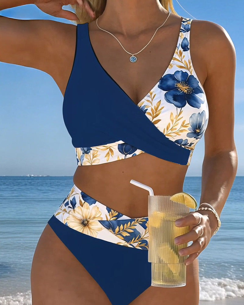 Bikini Blumig Farbblock Patchwork