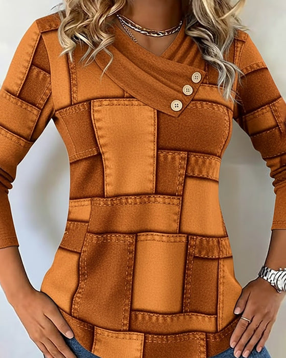 Langärmliges Top mit V-Ausschnitt und Kontrast in Uni