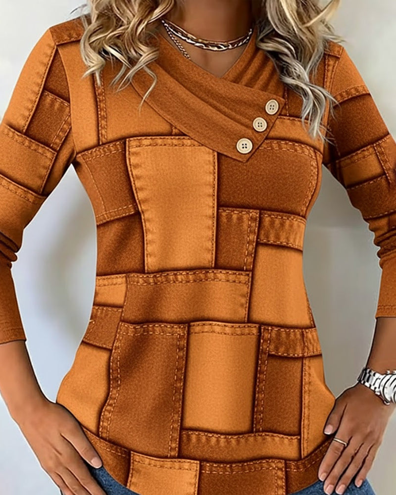 Langärmliges Top mit V-Ausschnitt und Kontrast in Uni