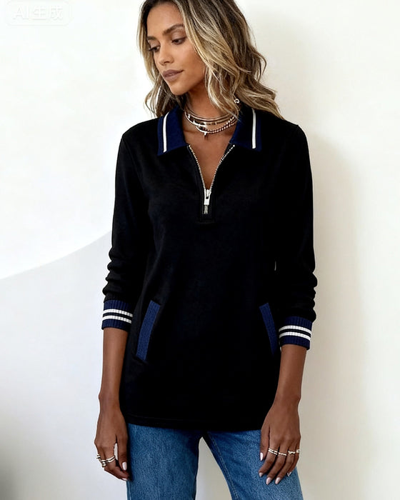 Weites Sweatshirt mit Revers, Reißverschluss und Kontrastfarbe