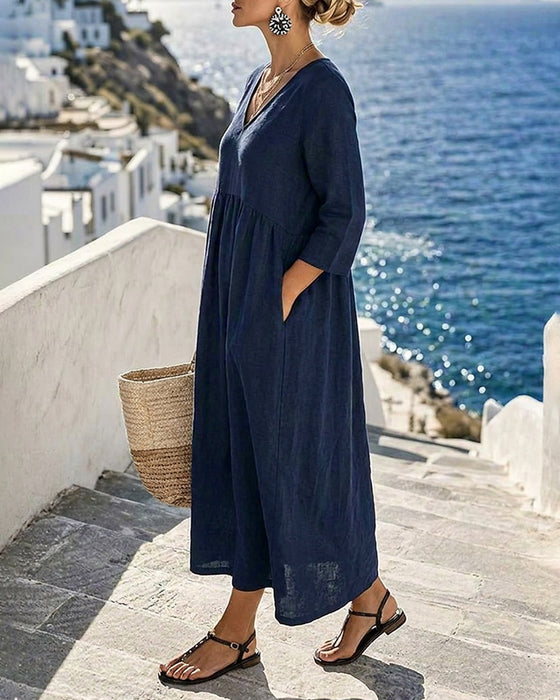 Kleid Einfarbig V-Ausschnitt A-Linie