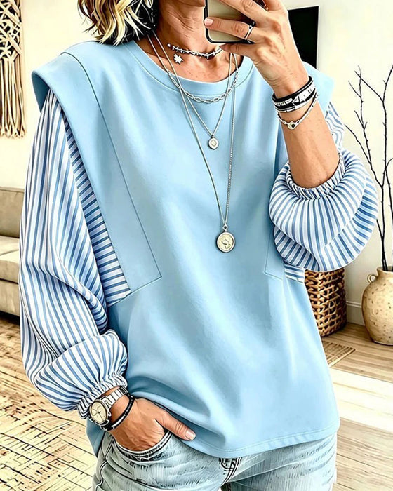 Sweatshirt Gestreift Langarm Patchwork