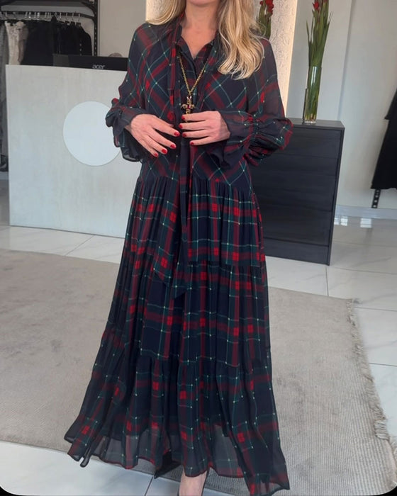 Kleid V-Ausschnitt Kariert Langarm