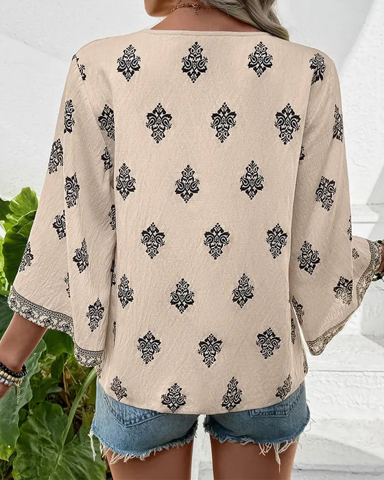 Bluse V-Ausschnitt Ethnisch Locker