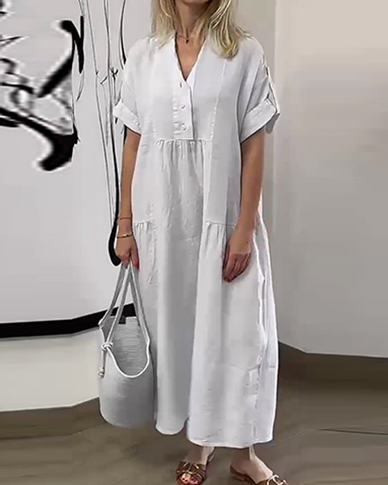Kleid V-Ausschnitt Knopf Plissiert Weiter Rock