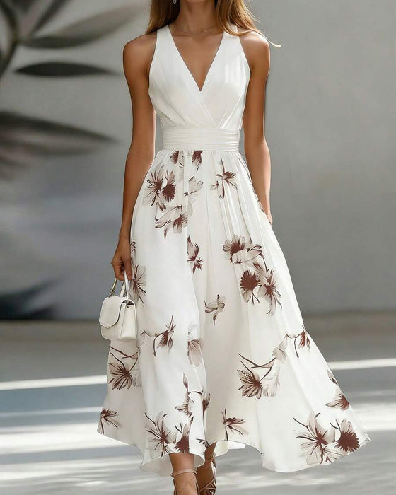 Kleid Ärmellos V-Ausschnitt Taille Blumen
