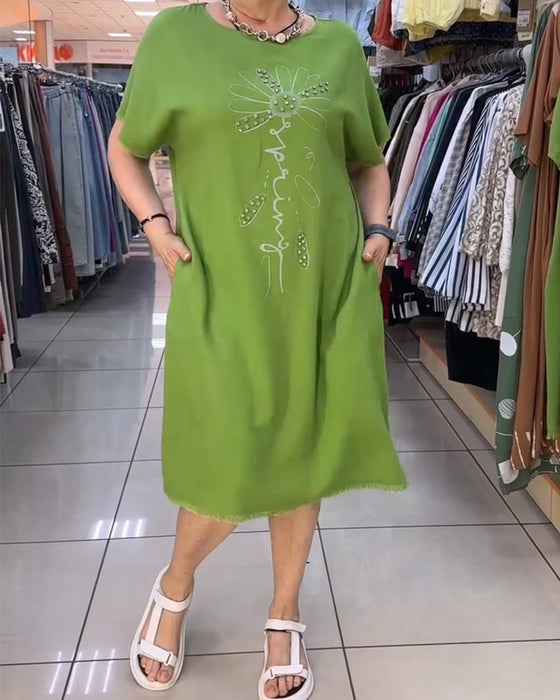 Kleid Rohe Kante Kurzer Ärmel Locker Lässig