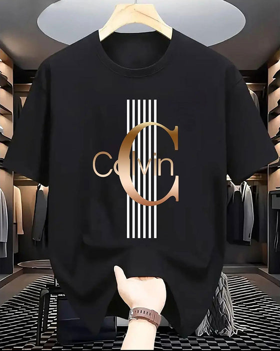T-Shirt Buchstabe Vertikaler Streifen Druck Kurzarm