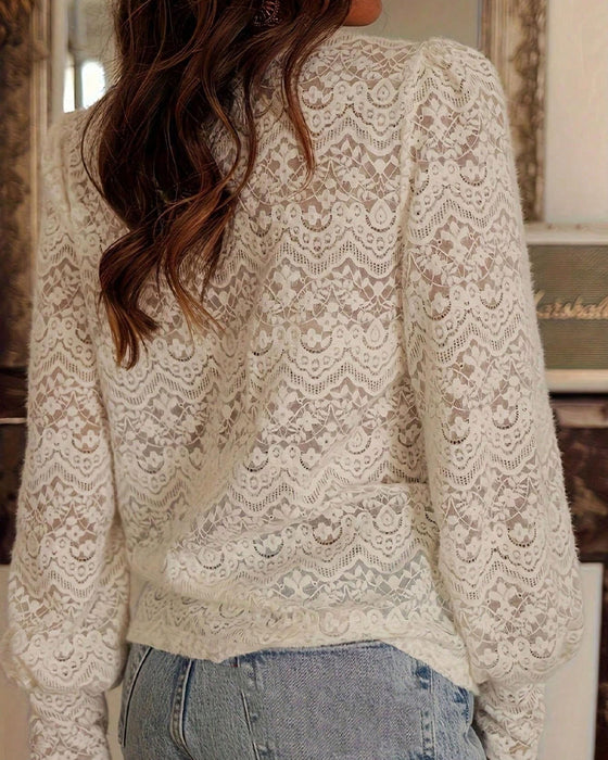 Bluse Langarm Einfarbig V-Ausschnitt Spitze