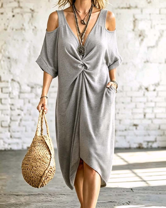 Kleid Einfarbig Kalt Schulter Gekraust