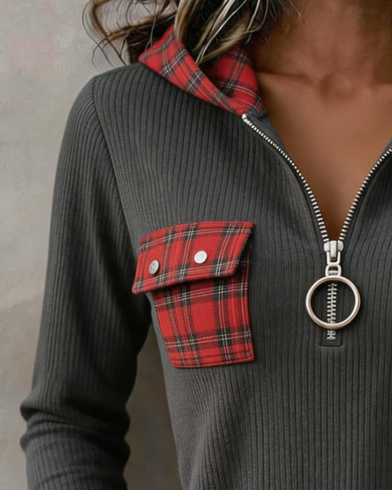 Sweatshirt Kariert Patchwork Halber Reißverschluss