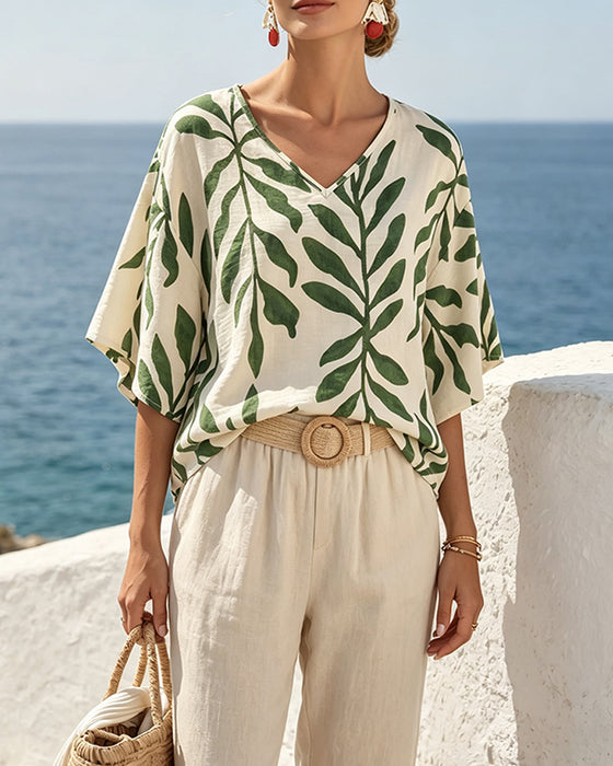 Bluse V-Ausschnitt Halbarm Blattprint