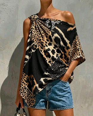 Bluse Leopardenmuster Patchwork Ein-Schulter