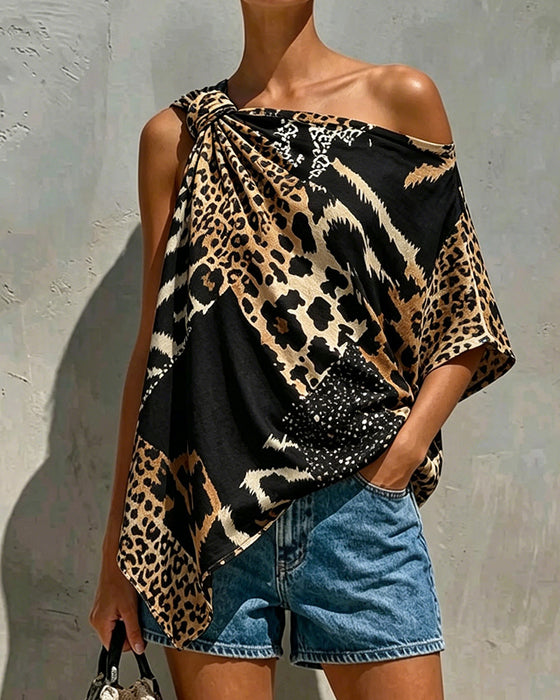 Bluse Leopardenmuster Patchwork Ein-Schulter