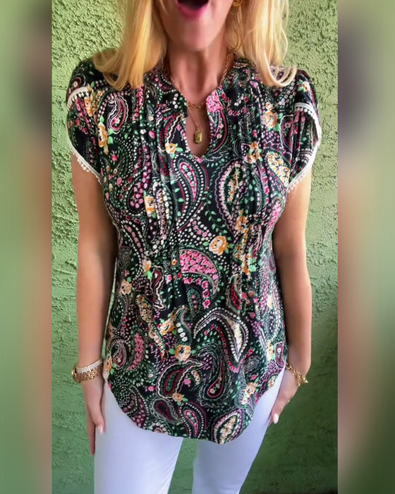 Blouse Manche Pétale Plissée Imprimée