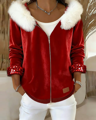 Mantel Mit Kapuze Pelzkragen Samt