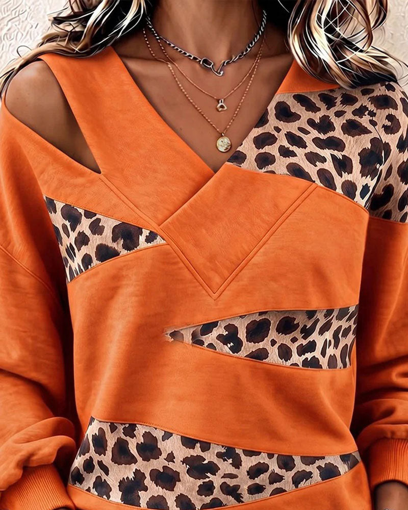 Sweatshirt Leopard Patchwork V-Ausschnitt Pullover