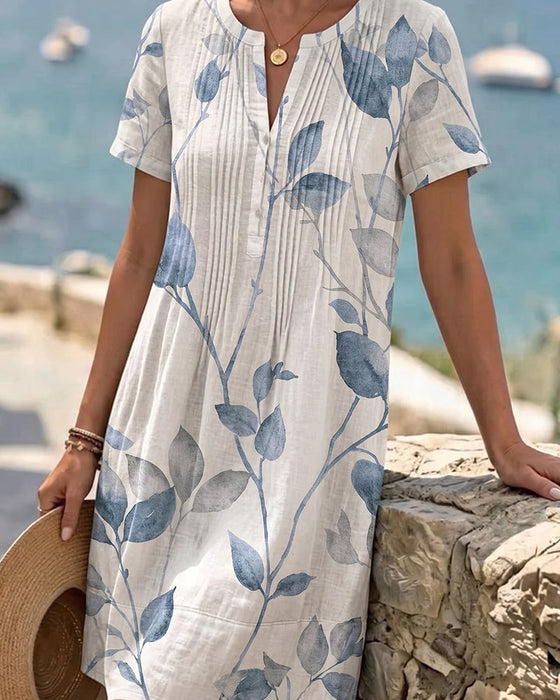 Kleid Gerafft Blatt Druck Kurzarm Mini