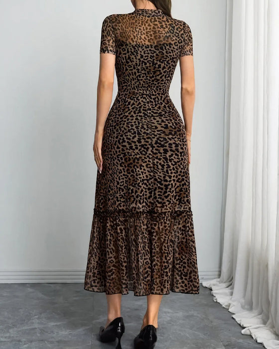 Kleid Leopard Mock Neck Mesh Midi