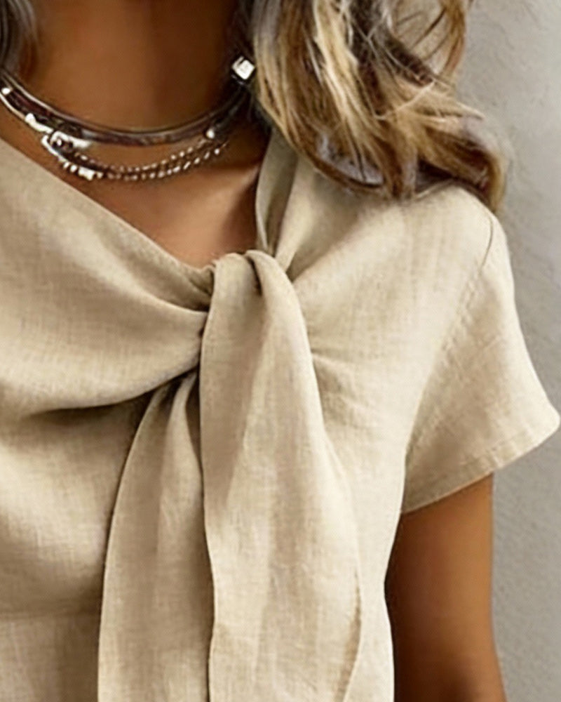 Bluse Leinen-Mix V-Ausschnitt Kurzarm Leger