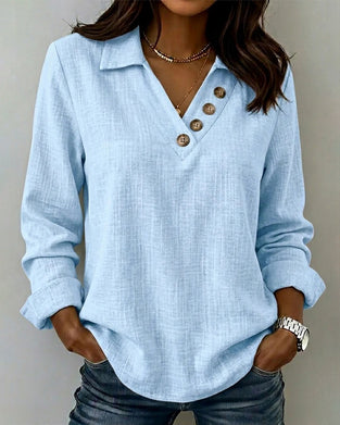 Top Langarm V-Ausschnitt Knopf Unten