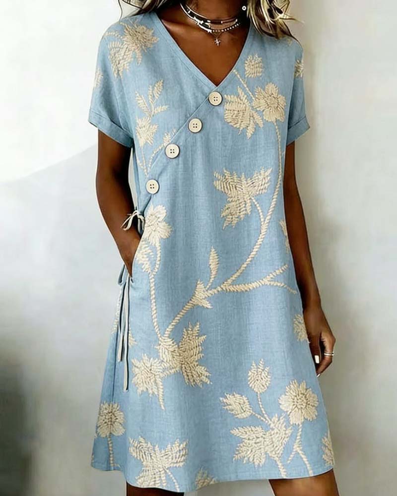 Kleid Diagonal Knopf Druck V-Ausschnitt Mini