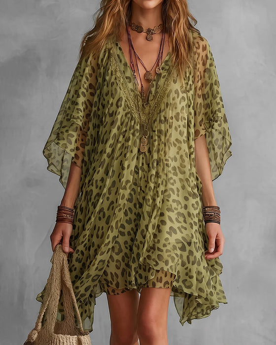 Kleid Unregelmäßig V-Ausschnitt Leopard