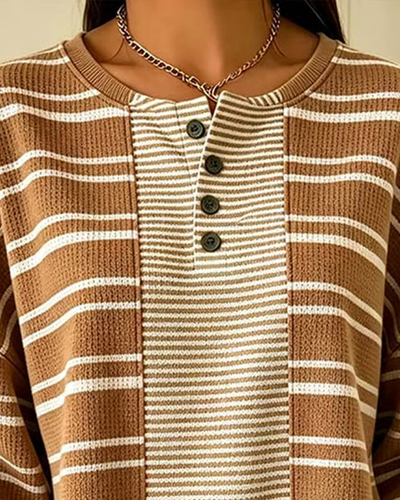 Sweatshirt Gestreift Patchwork Langarm Henley