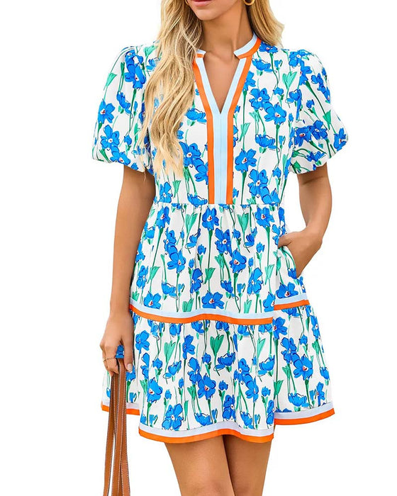 Kleid V-Ausschnitt Blumig Blasenärmel Patchwork