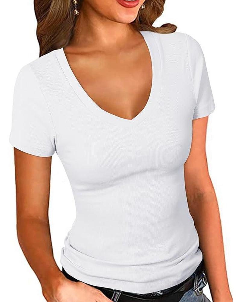 T-Shirt Gerippt Slim Fit V-Ausschnitt Kurzarm