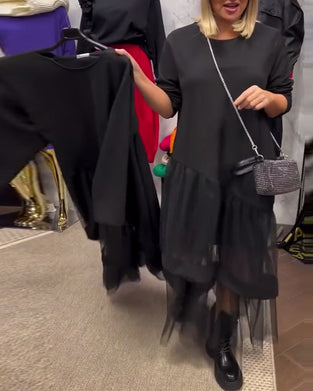 lockeres Kleid in Unifarbe mit Mesh-Patchwork