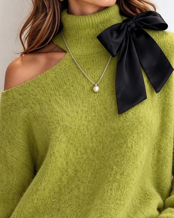 Pullover Turtleneck Schleife Off-Shoulder Spitze Patchwork