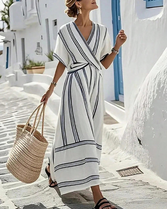 Kleid Elegante Raffinierte Gestreifte Kreuz Taille