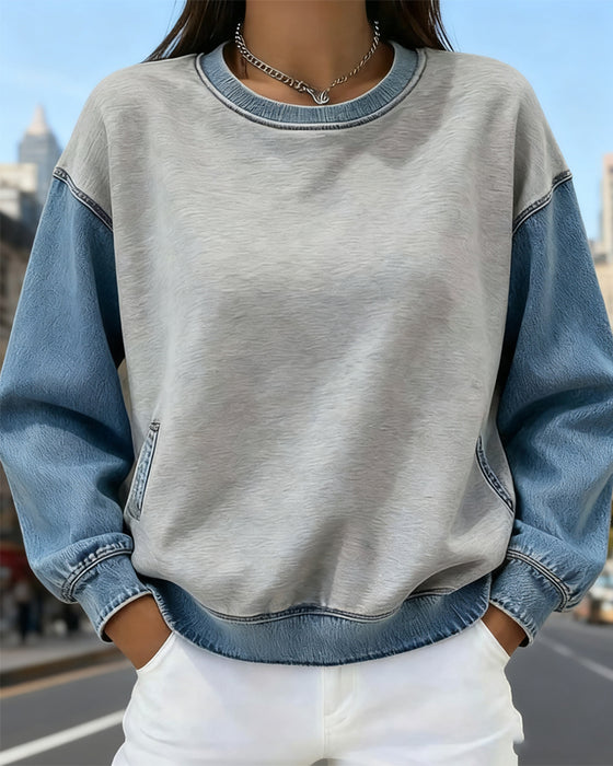 Sweatshirt Runder Ausschnitt Denim Patchwork