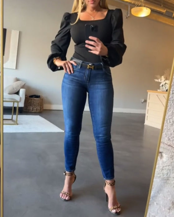 Bluse Puffärmel Eckenkragen Splice